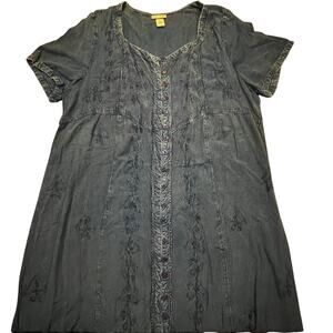 Catherines 2X Blue Embroidered Button Front Denim Dress Maxi Boho Cottagecore